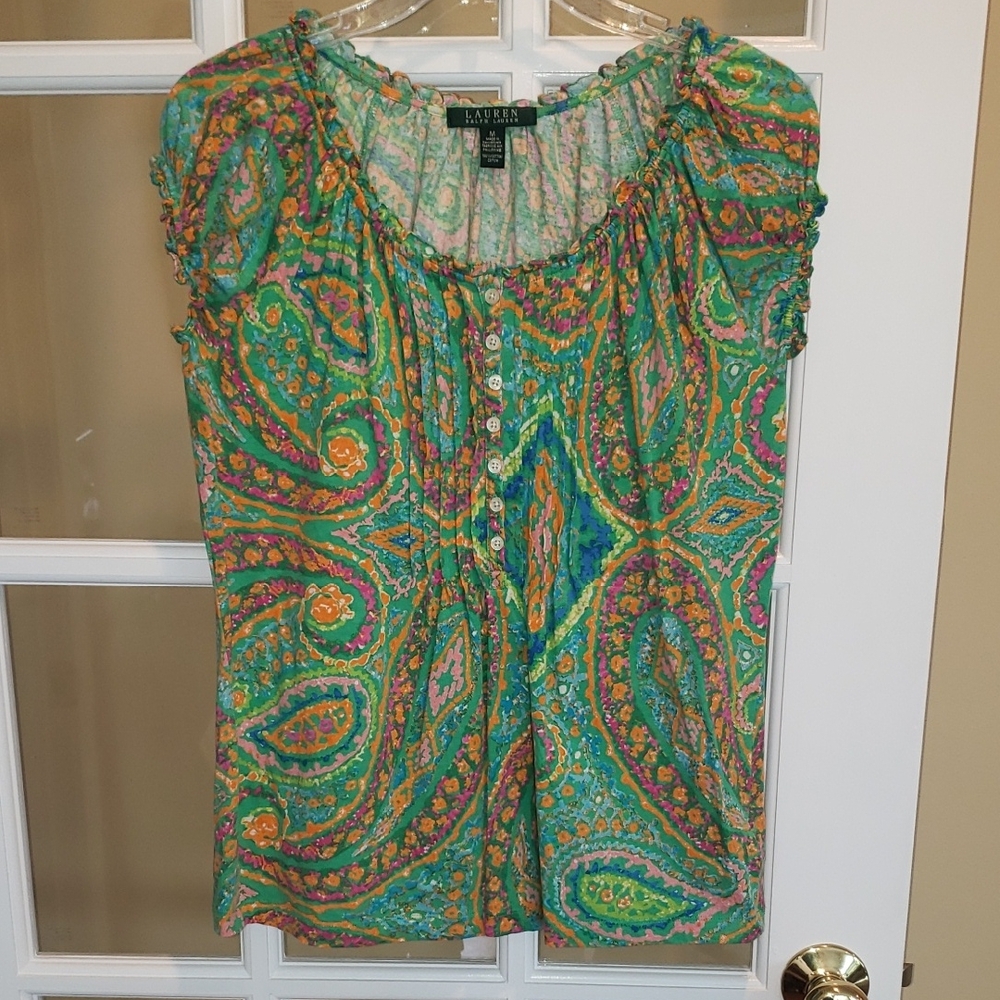 Lauren Ralph Lauren Paisley T-shirt Top- Green Base W/Multicolored Print -Med